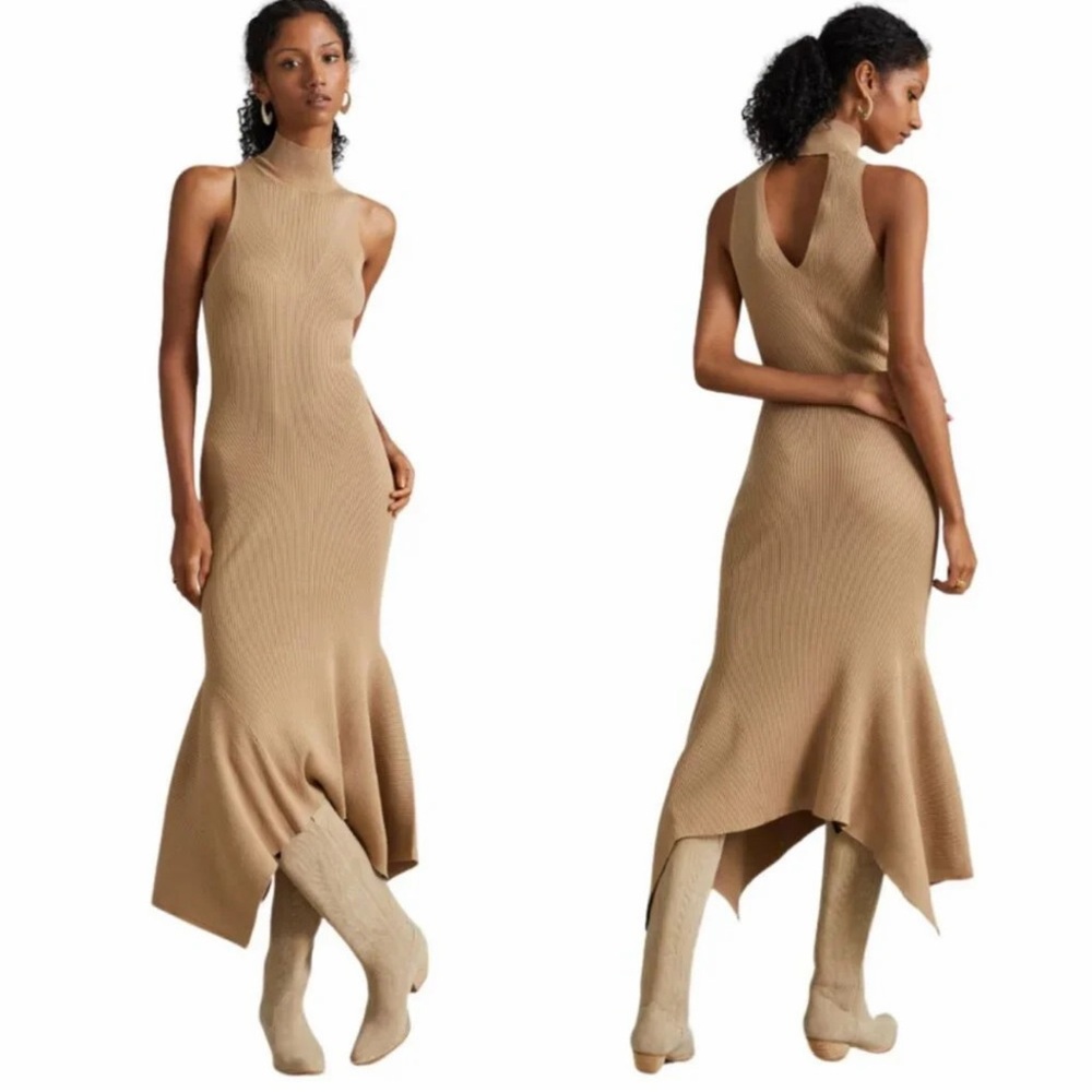 Anthropologie Mock Neck Midi Dress size‎ S small Cedar Tan Sleeveless Knit